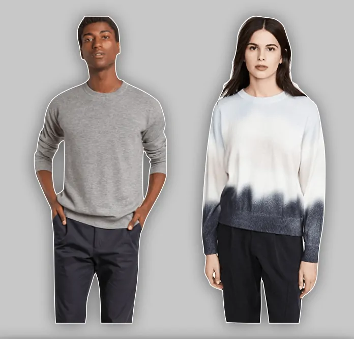 Picture of man wearing grey sweater and woman wearing multicolored sweater