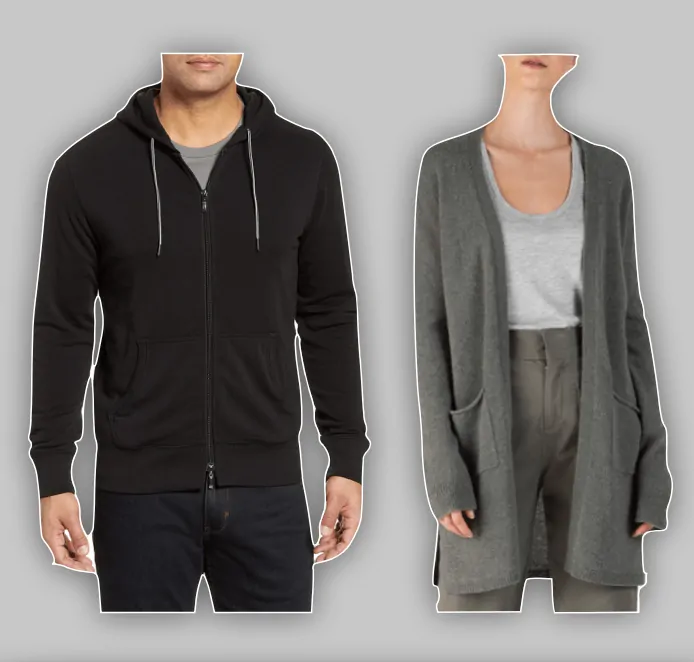 Picture of man wearing black zip hoodie and woman wearing olive grey cardigan