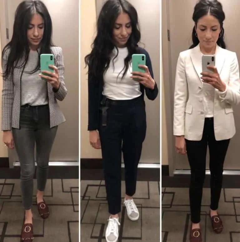Cassandra Sethi models business casual shoes for women