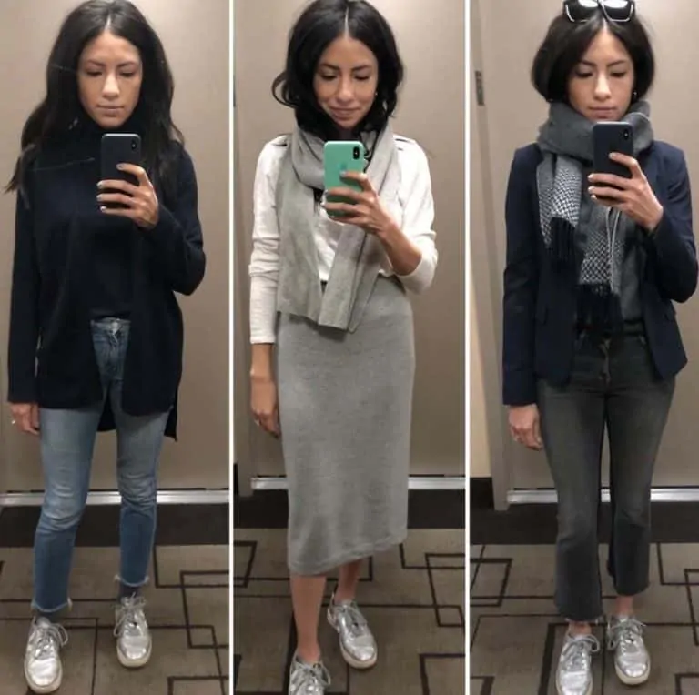 Cassandra Sethi models business casual sneakers for women