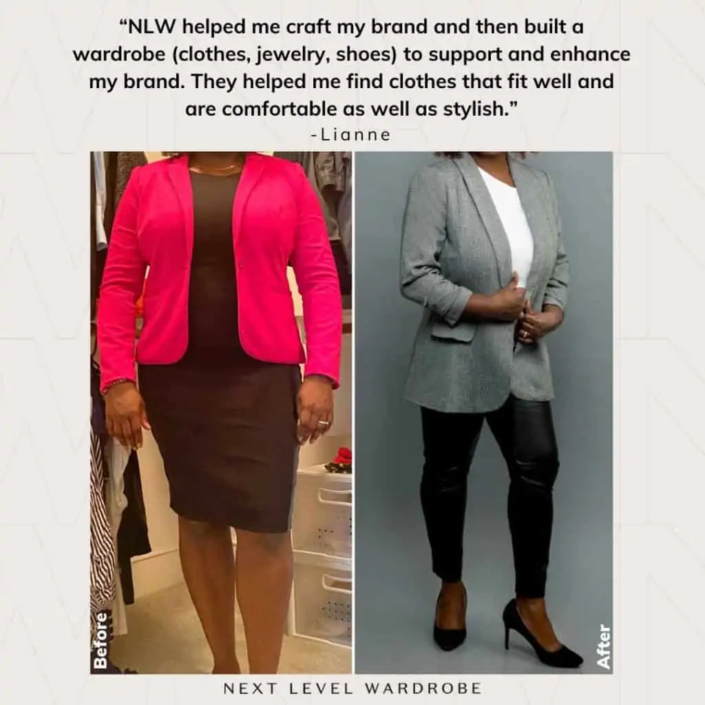 An Executive Image Consulting Client In A Black Dress And Bright Blazer And Again In Black Heels Black Leather Pants And A Blazer