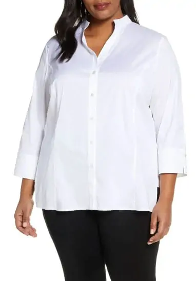 Plus Size Woman Dressed In A Business Casual Style Wearing The Ming Wang Button Front Shirt From Nordstrom