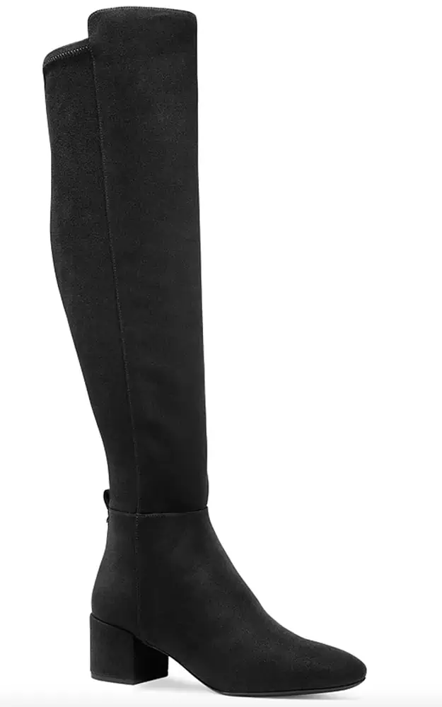 knee-high boots in a charcoal color.