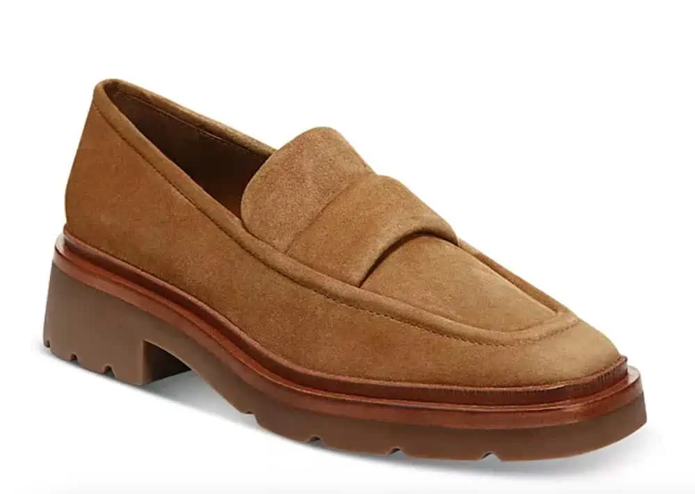 camel colored slip-on loafers.