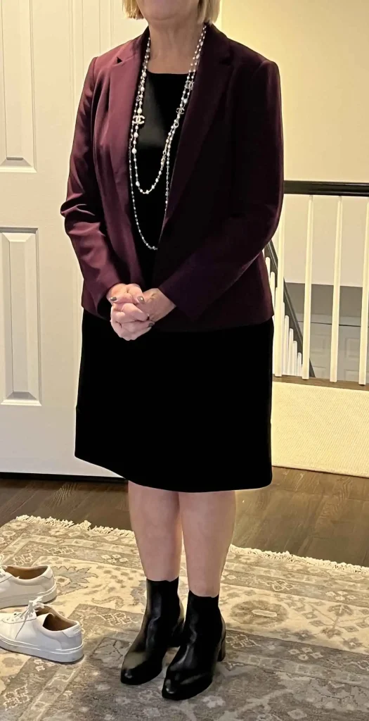 Michelle, a NLW client, wearing a blazer found by NLW.