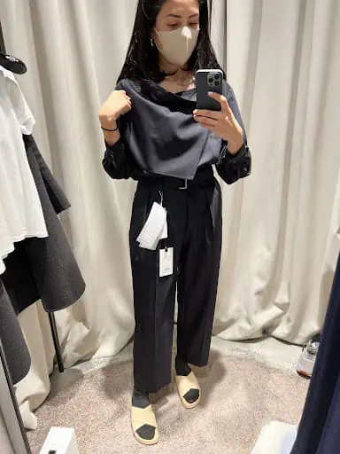 NYC Personal Stylist Cassandra Sethi Modeling Navy Suit Set By Japanese Brand Seeall