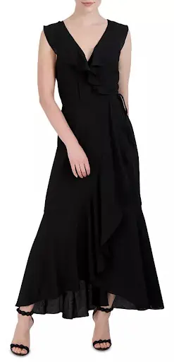 Laundry By Shelli Segal Ruffled V Neck Black Summer Maxi Dress For Work