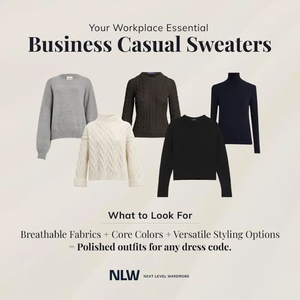 Infographic depicting business casual sweater options for women in the workplace.