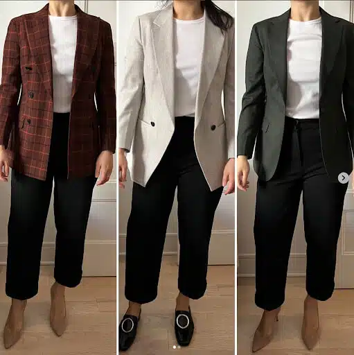 Three images of plain white t-shirts styled with a blazer