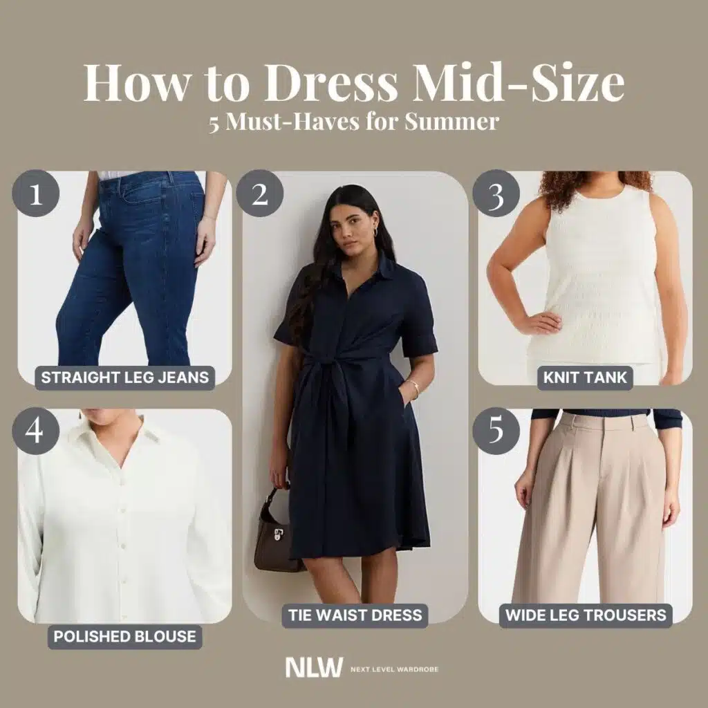 How to dress mid-size in summer with business casual attire infographic.