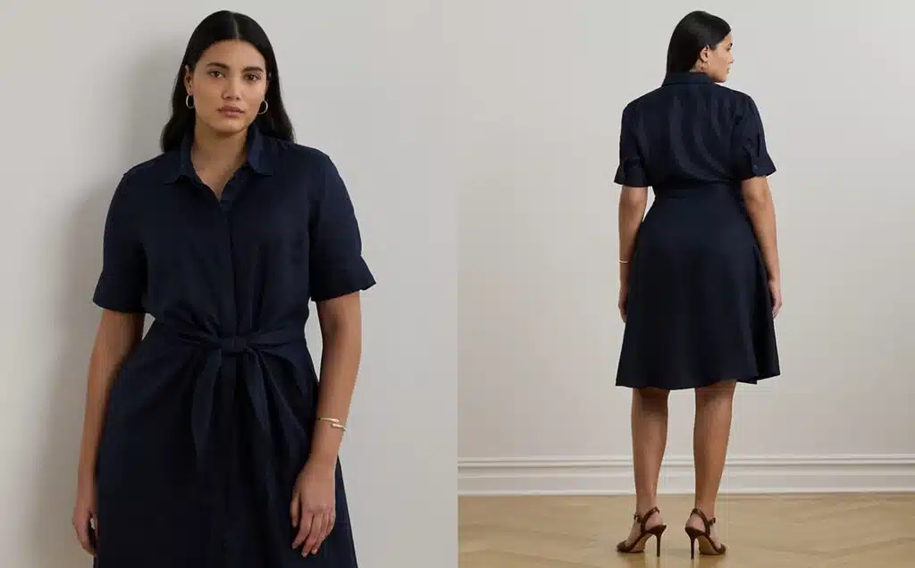 Navy mid-size, knee-length business casual dress for executives.