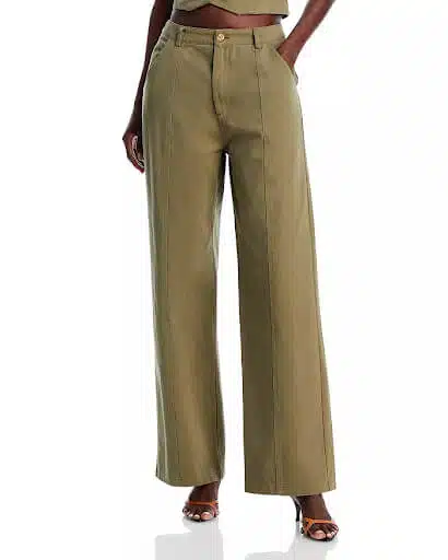 Olive-colored wide-legged pants for a summer capsule wardrobe.