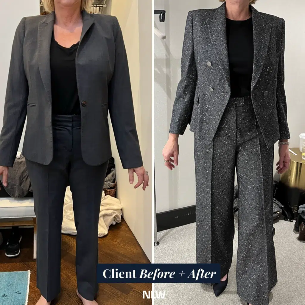 Next level wardrobe client, size 10, dressed in two gray pants suits.