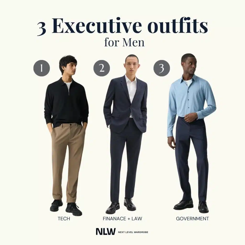 An infographic showing three male examples of executive & CEO outfits for the tech industry, finance & law, and government sector.