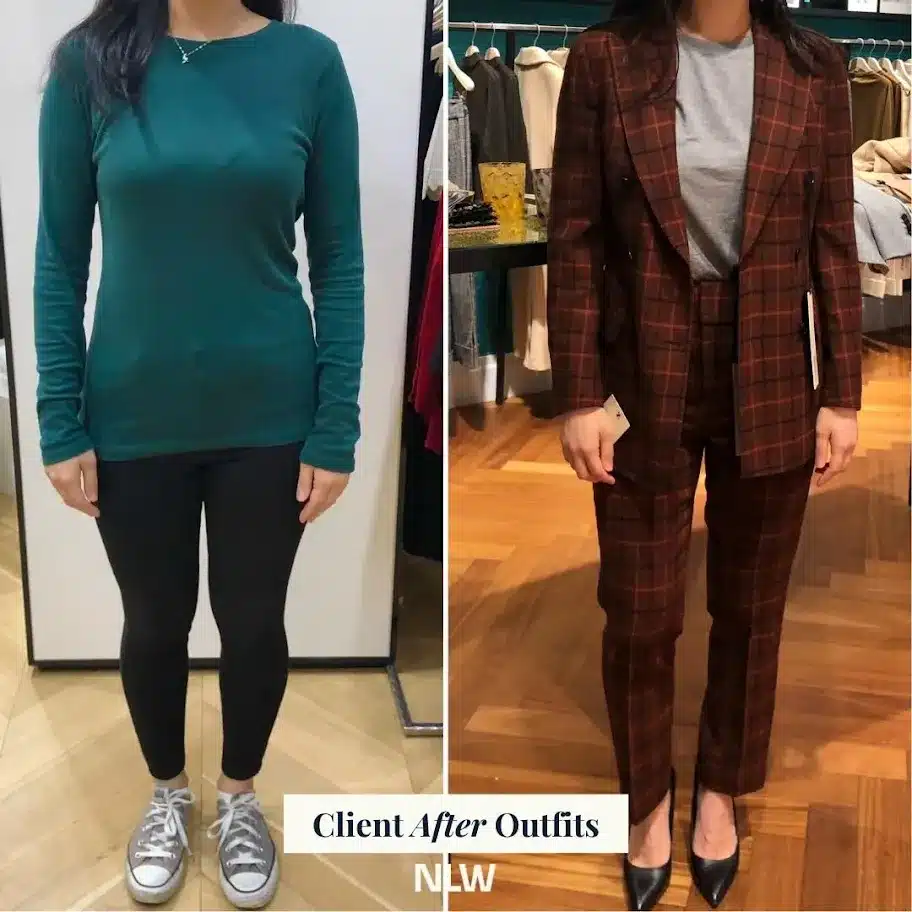 Before and after image of a female attorney in casual dress vs. wearing business formal attire