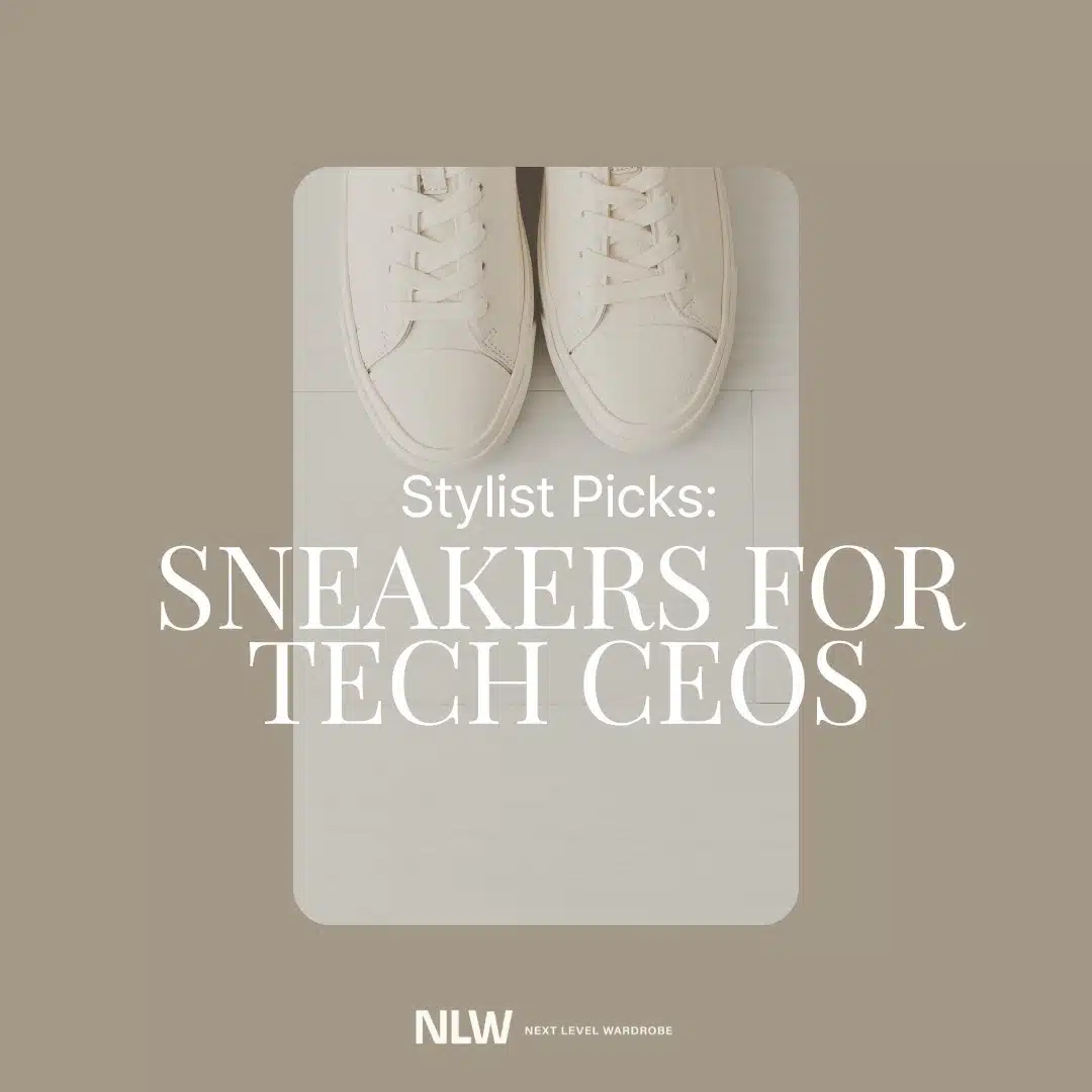 Featured image of white tech shoes with the title "Stylist Picks: Sneakers for Tech CEOs" overlayed.