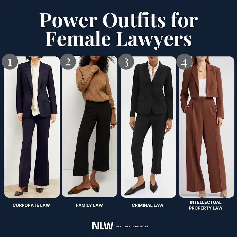 Infographic showing attorney attire from different specialties such as corporate law, family law, criminal law, and intellectual property law