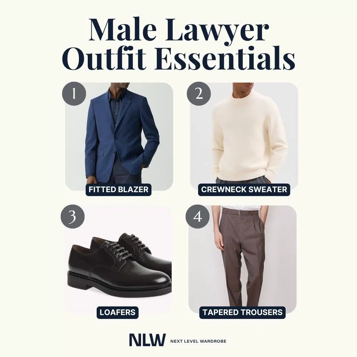 Inforgraphic depicting 4 essential pieces for a male attorney outfit: Loafers, tapered trousers, fitted blazer, crewneck sweater.
