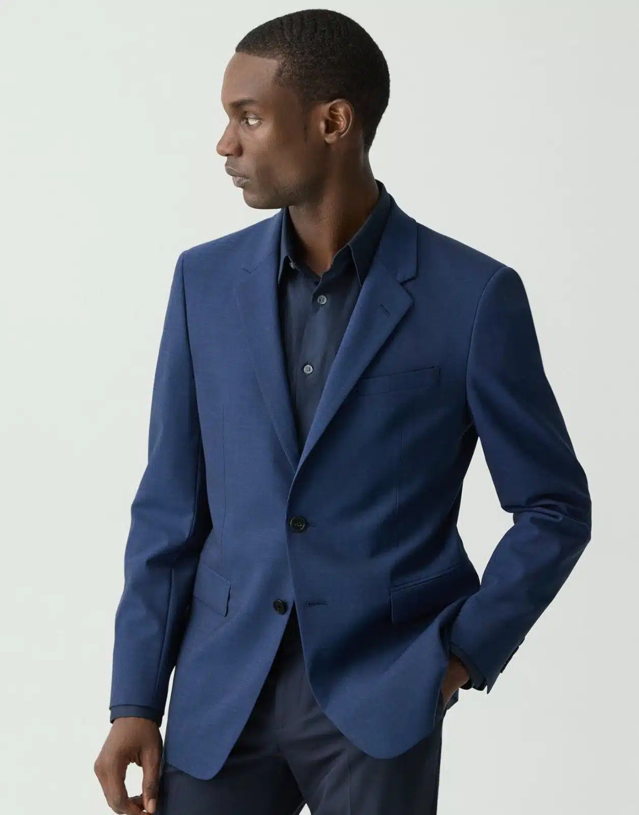 Navy blue blazer for formal business attire.