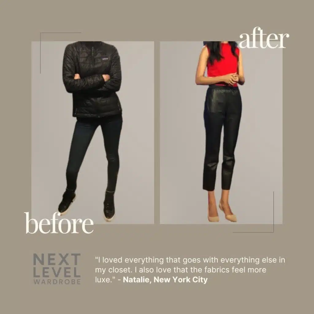 A before and after image of a female in her 30s dressing in power business attire.