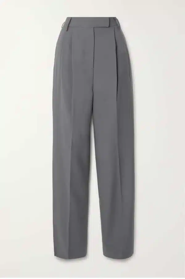 Dark gray pleated power business casual pants for office workwear.