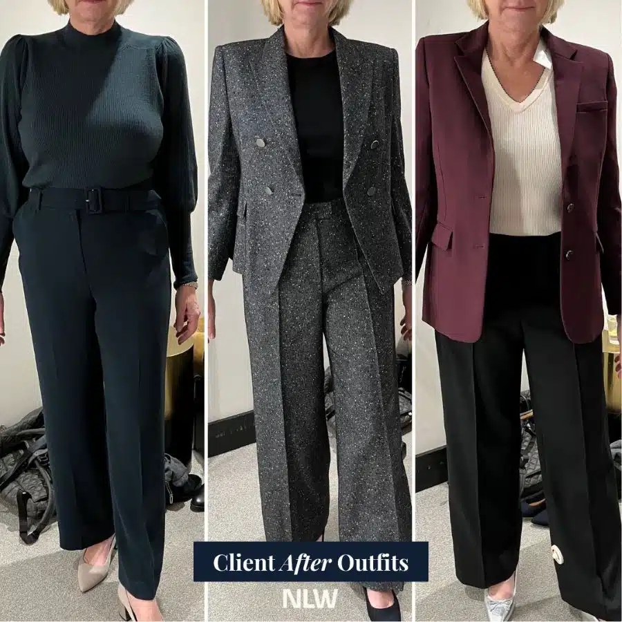 Image showing three "after photos" of a high-powered female partner of a leading NYC law firm wearing business professional outfits curated by personal stylist Cassandra Sethi.