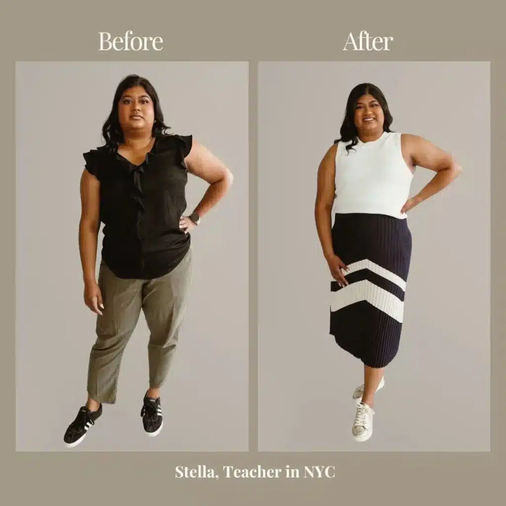 NYC client Stella, shows before and after her virtual personal styling experience.