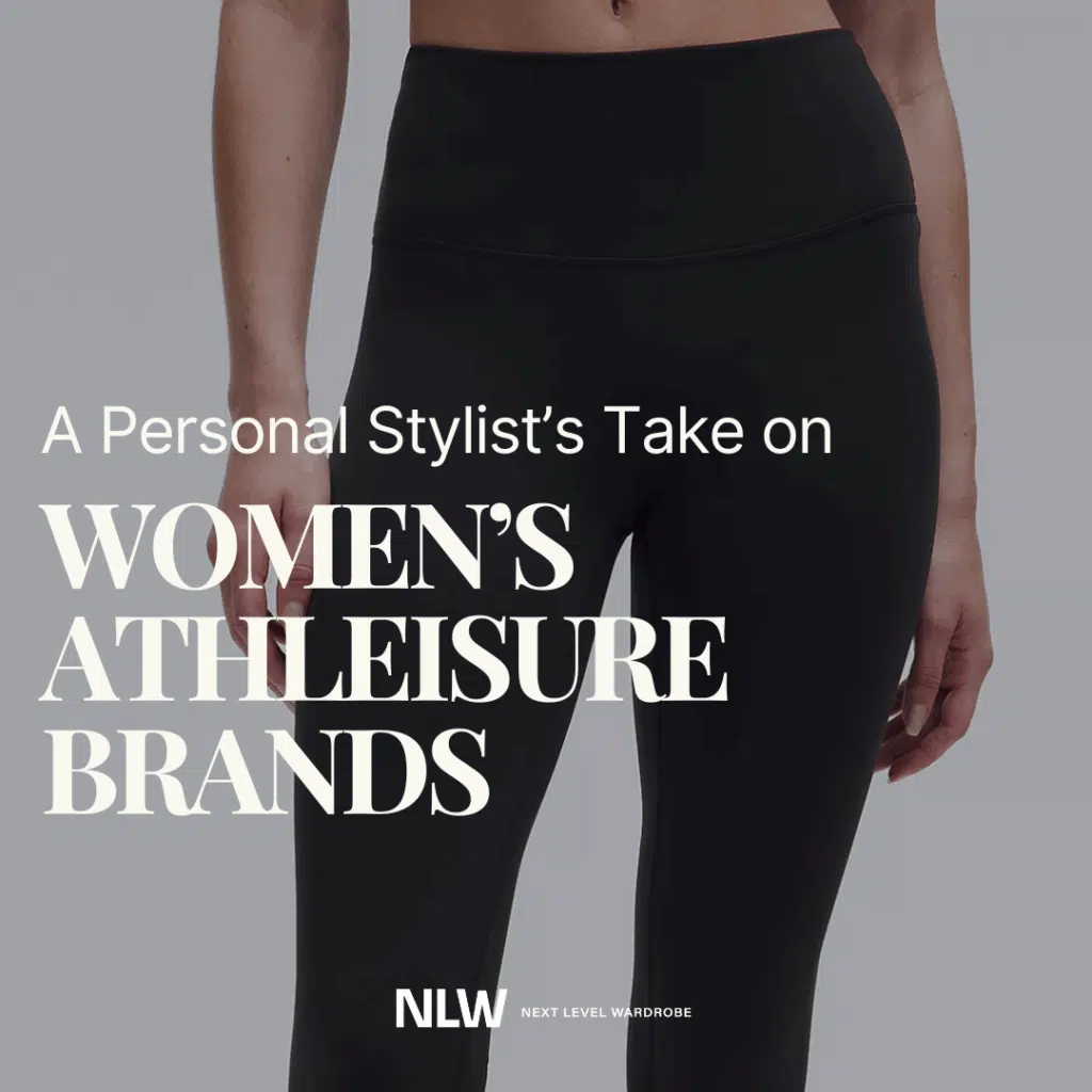 Featured image of a middle-aged woman wearing black athleisure pants with the title " A Personal Stylist's Take on Women's Athleisure Brands.
