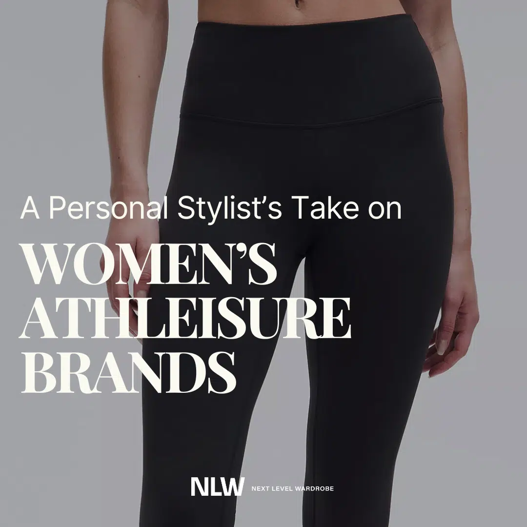 Featured image of a middle-aged woman wearing black athleisure pants with the title " A Personal Stylist's Take on Women's Athleisure Brands.