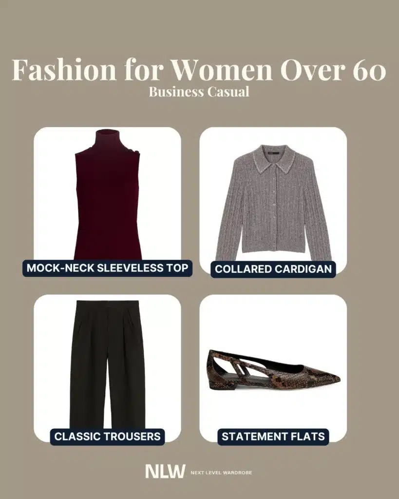 Infographic showing business casual fashion for women over 60.