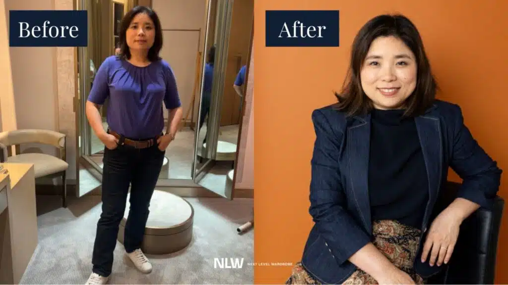 Before & after wardrobe transformation showing how a NLW personal stylist and image consultant helped a career-focused client refine her professional style through in-person styling in NYC