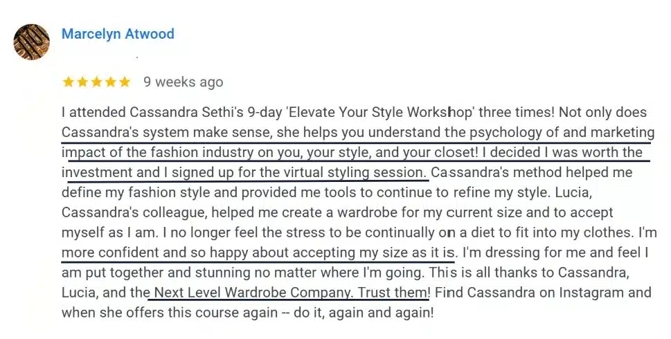 Five-star NYC Google review from Marcy describing how Next Level Wardrobe's virtual styling helped her create a wardrobe that fits her body and lifestyle after retirement.